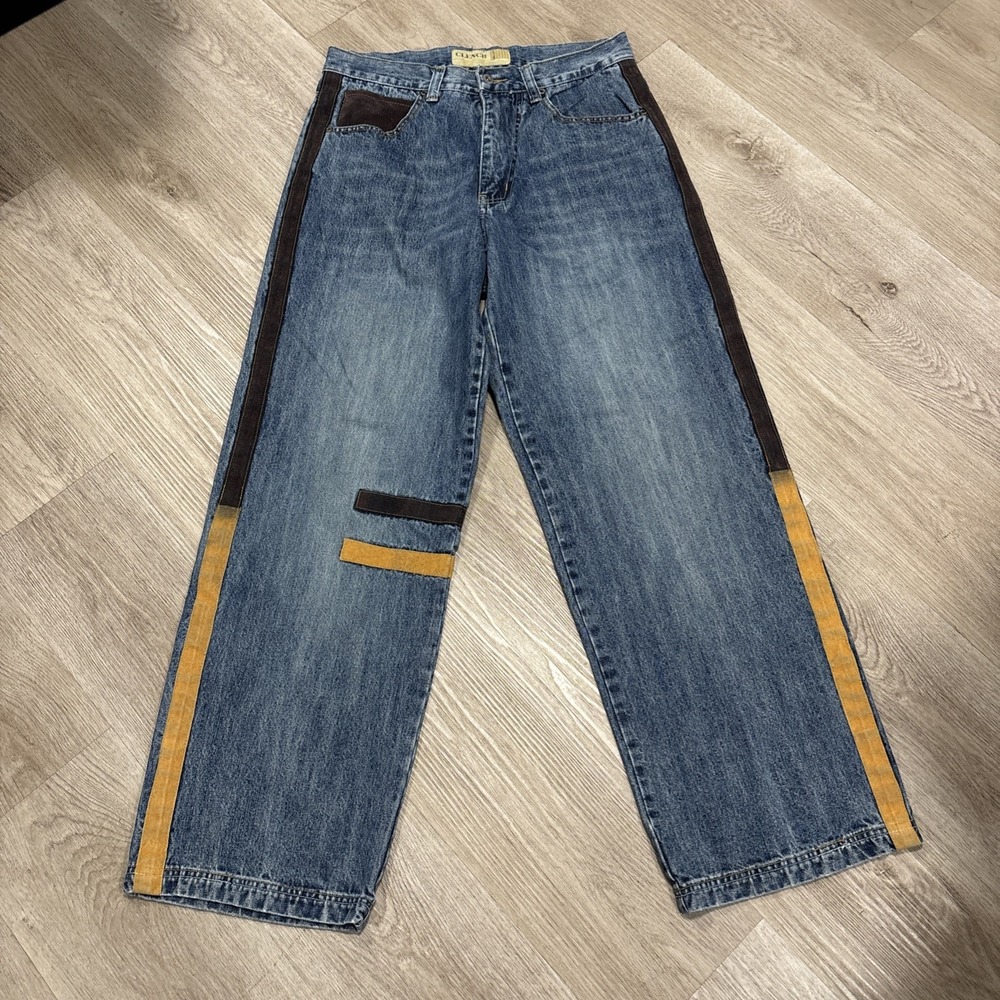 VTG Y2K Clench Leather Patch Work Jeans 32x31 Baggy Wide Leg Skateboard Hip Hop